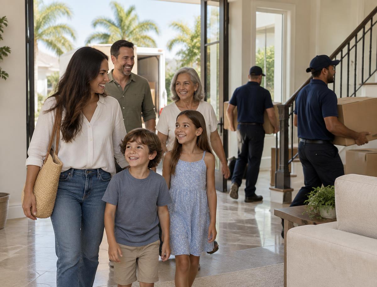 Happy family arriving at their new Florida home