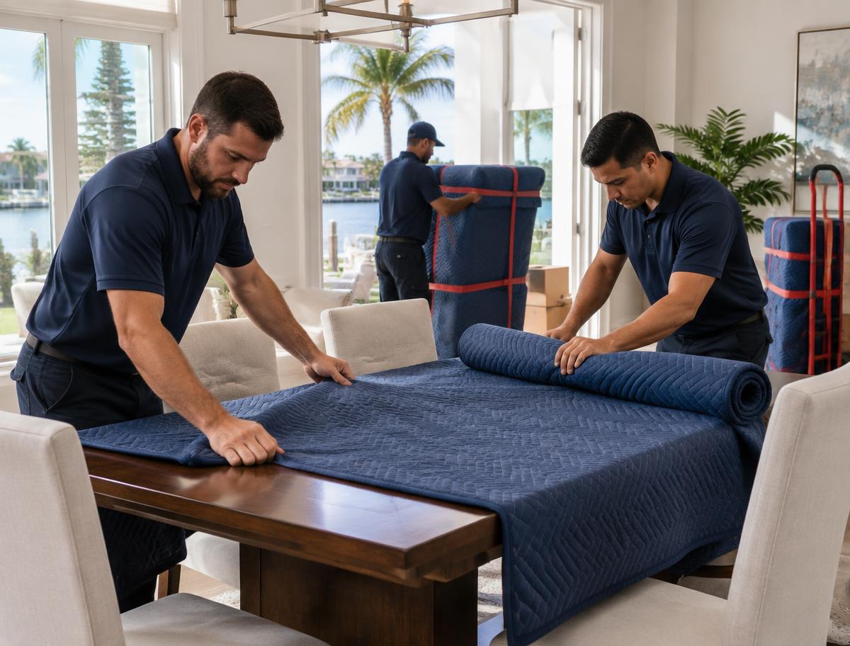 Turner Movers team carefully protecting a dining table