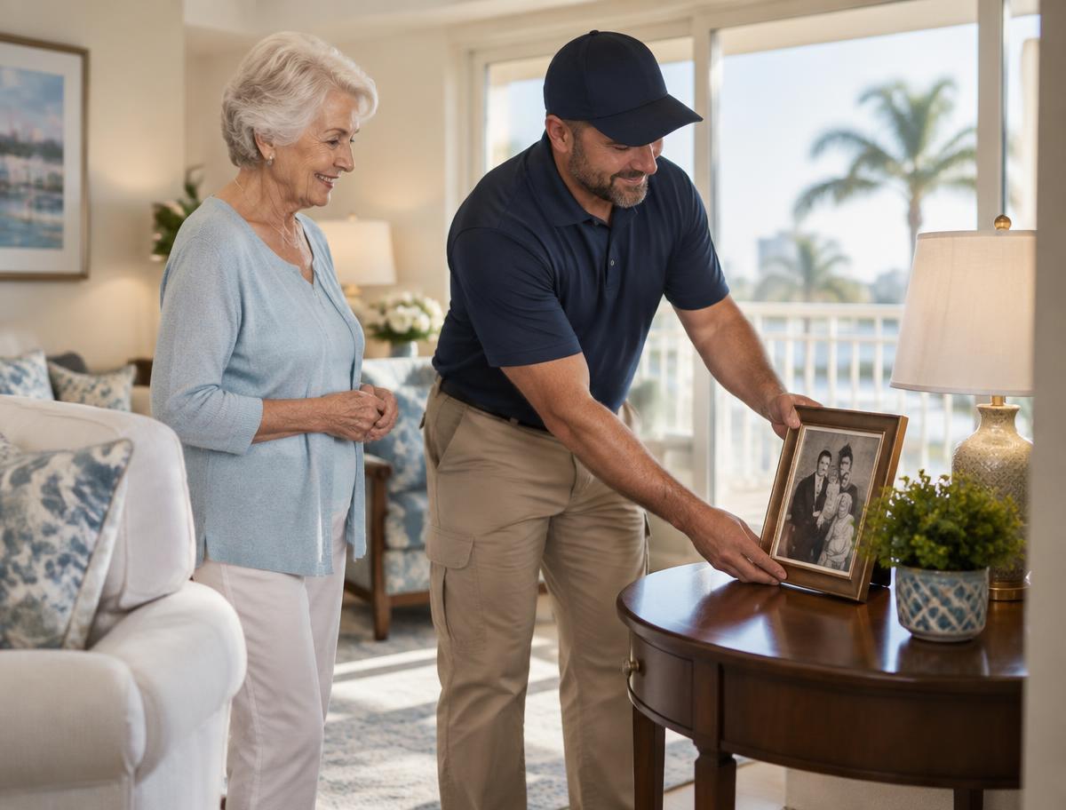 A caring mover helping a senior settle into her new Florida home